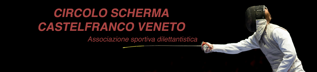 Immagine illustrativa di uno schermitore che presenta, sopra la spada che tiene in avanti, la scritta:'Circolo Scherma Castelfranco Veneto, Associazione sportiva dilettantistica' 